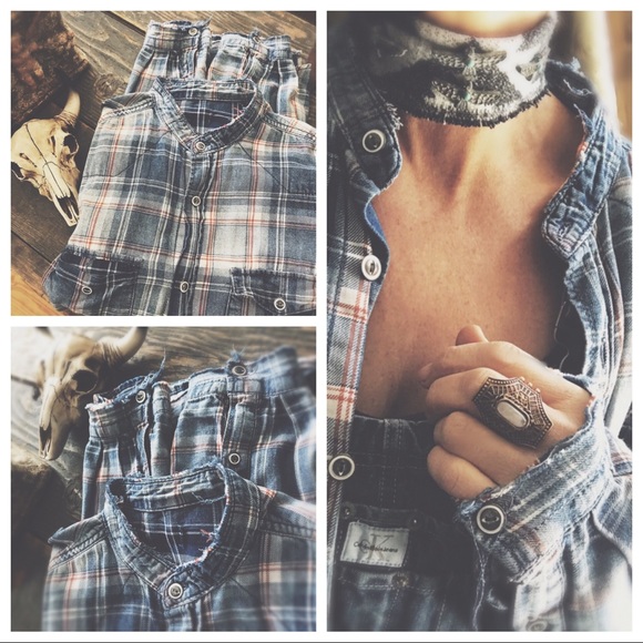 Altered Tops - HP🌵Distressed Denim Plaid Button Up